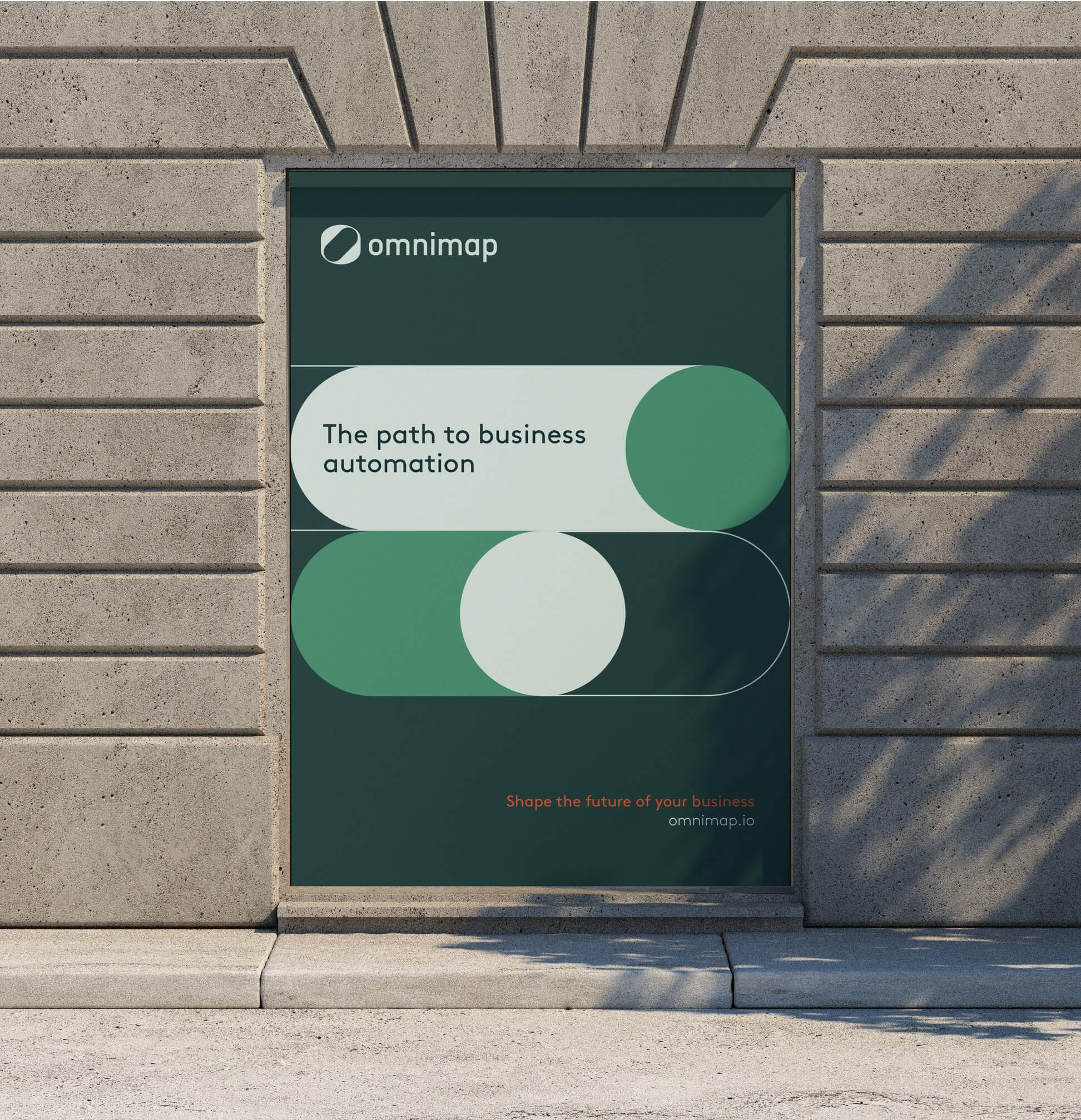 Poster design featuring Omnimap’s green geometric layout and tagline ‘The path to business automation'