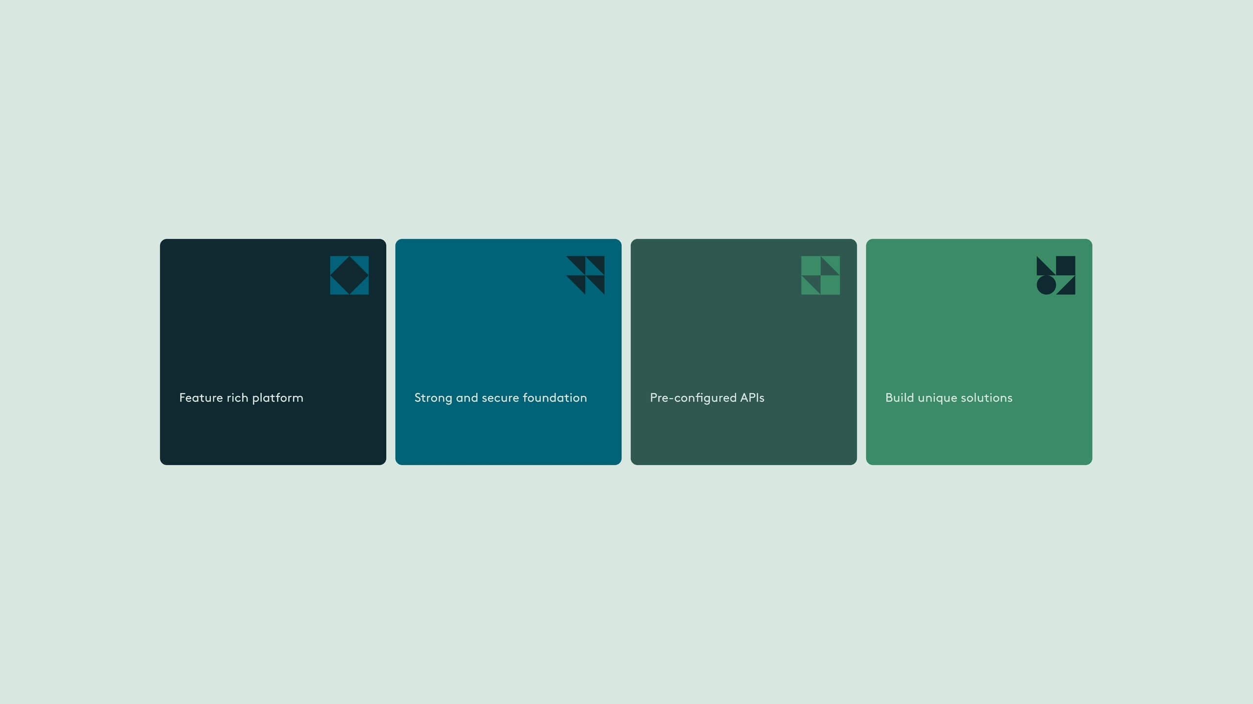 Set of four brand icons and colour blocks illustrating platform features