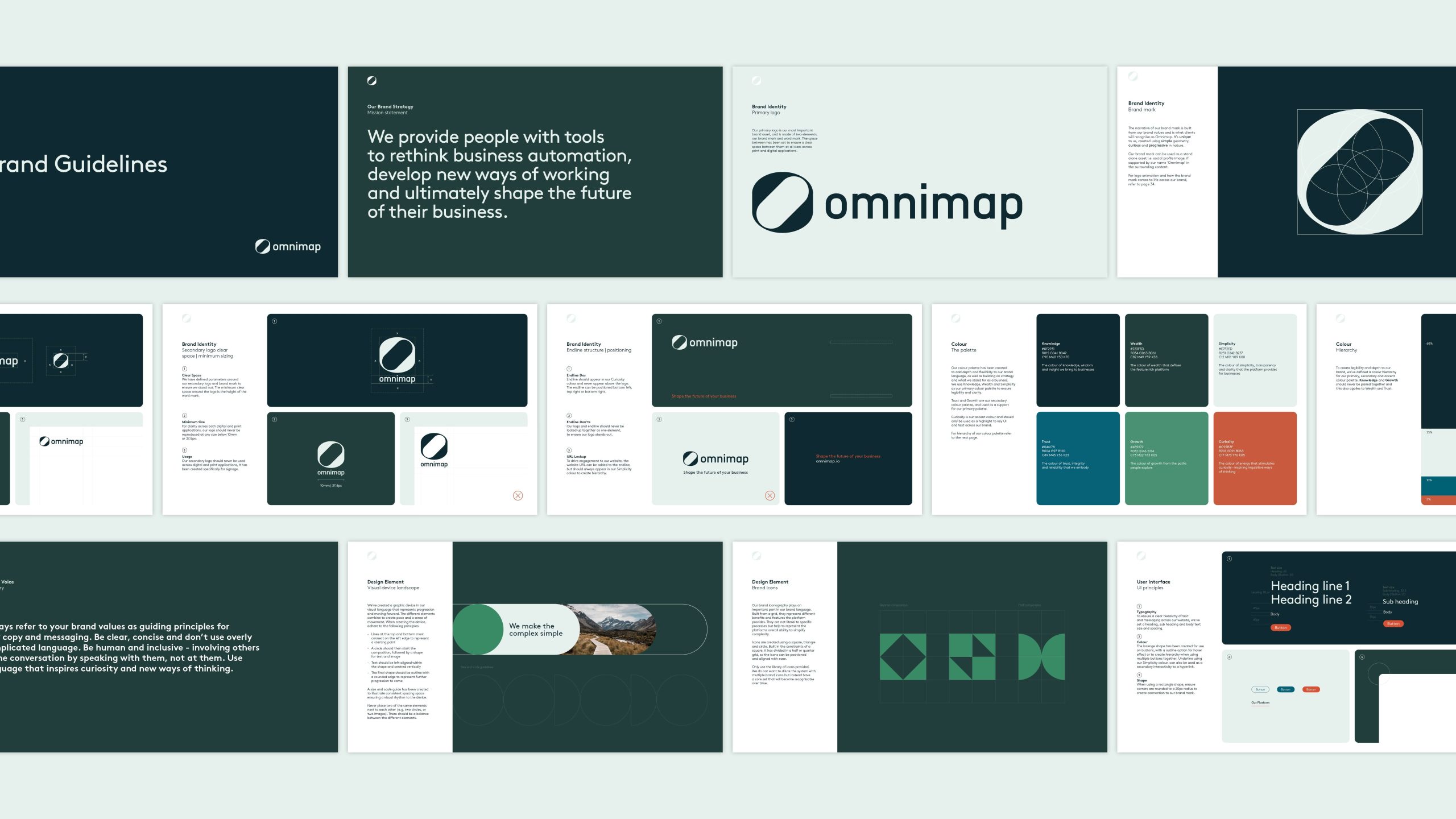 Overview of Omnimap’s brand guidelines and design system layouts