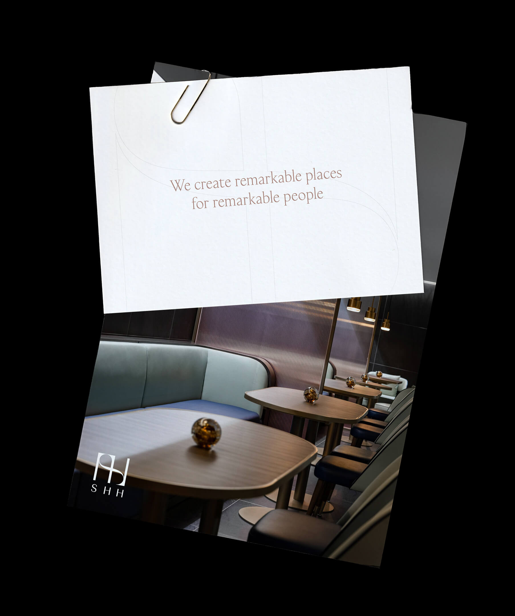 Branded SHH stationery set with logo and curved graphic elements.