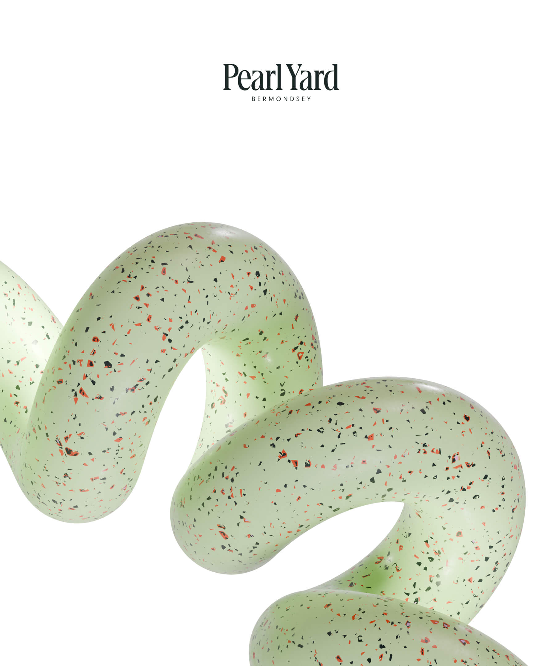Glossy mint-green terrazzo 3D form twisting in space, symbolising nature in Pearl Yard’s identity