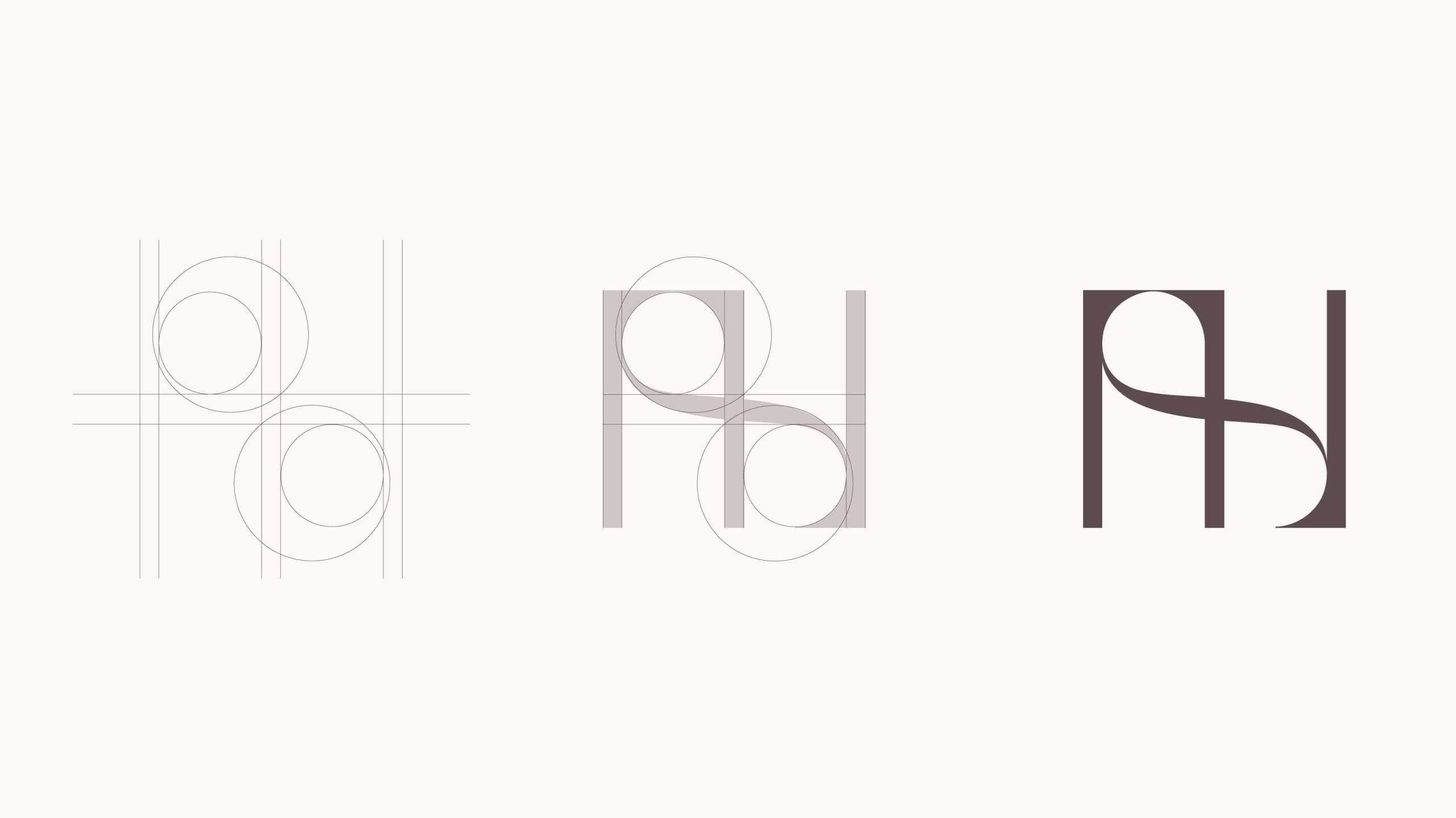 Logo construction grid showing evolution of SHH monogram, designed by Mammal branding agency London