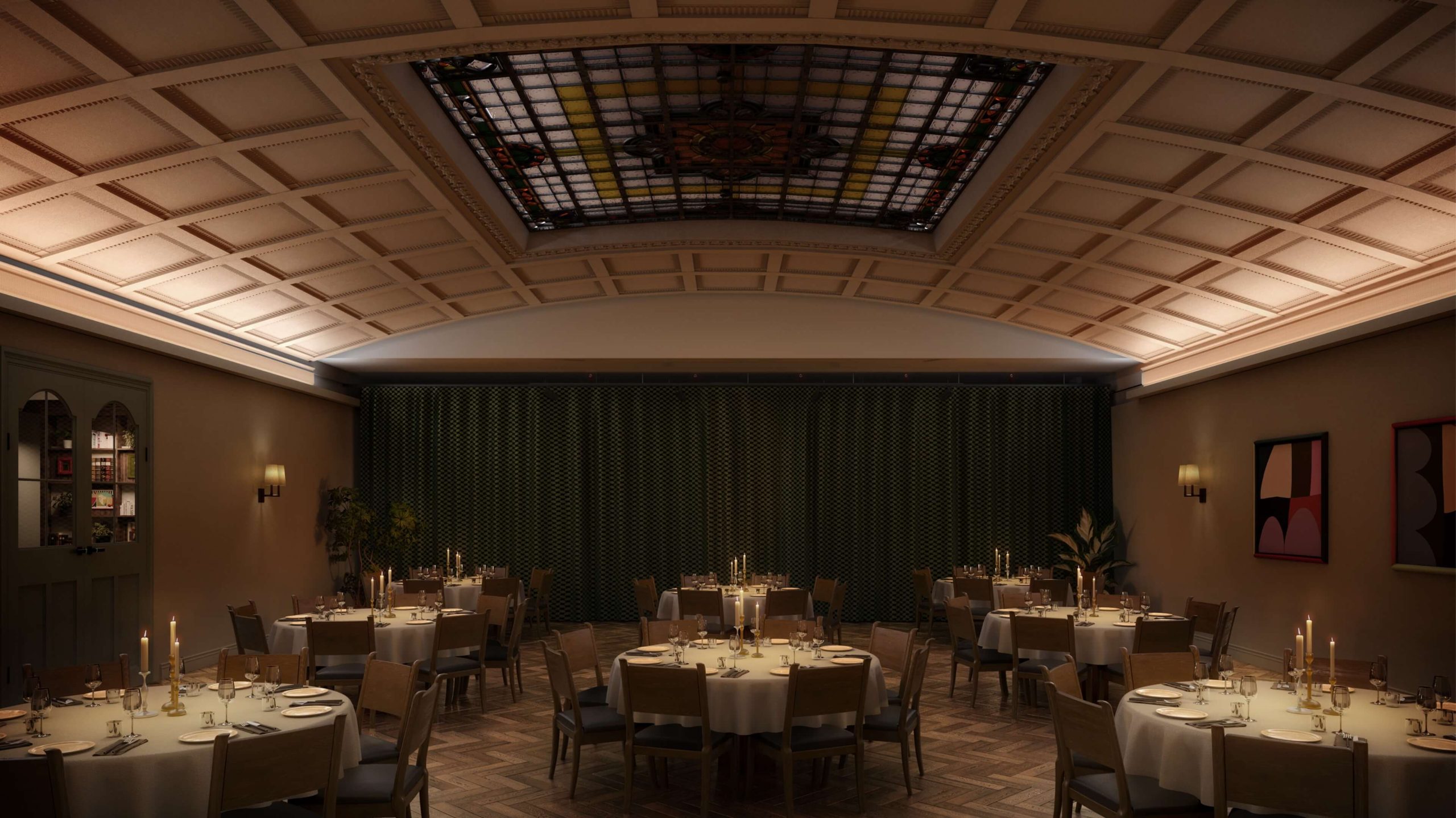 Warmly lit dining room with tables set for dinner beneath a decorative stained-glass ceiling