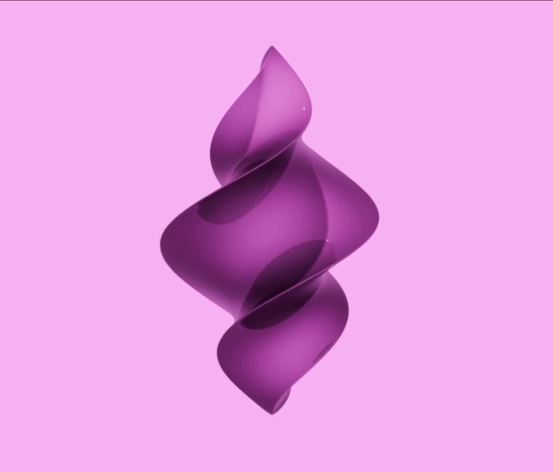 Abstract purple 3D sculptural ribbon shape twisting on a pastel pink background