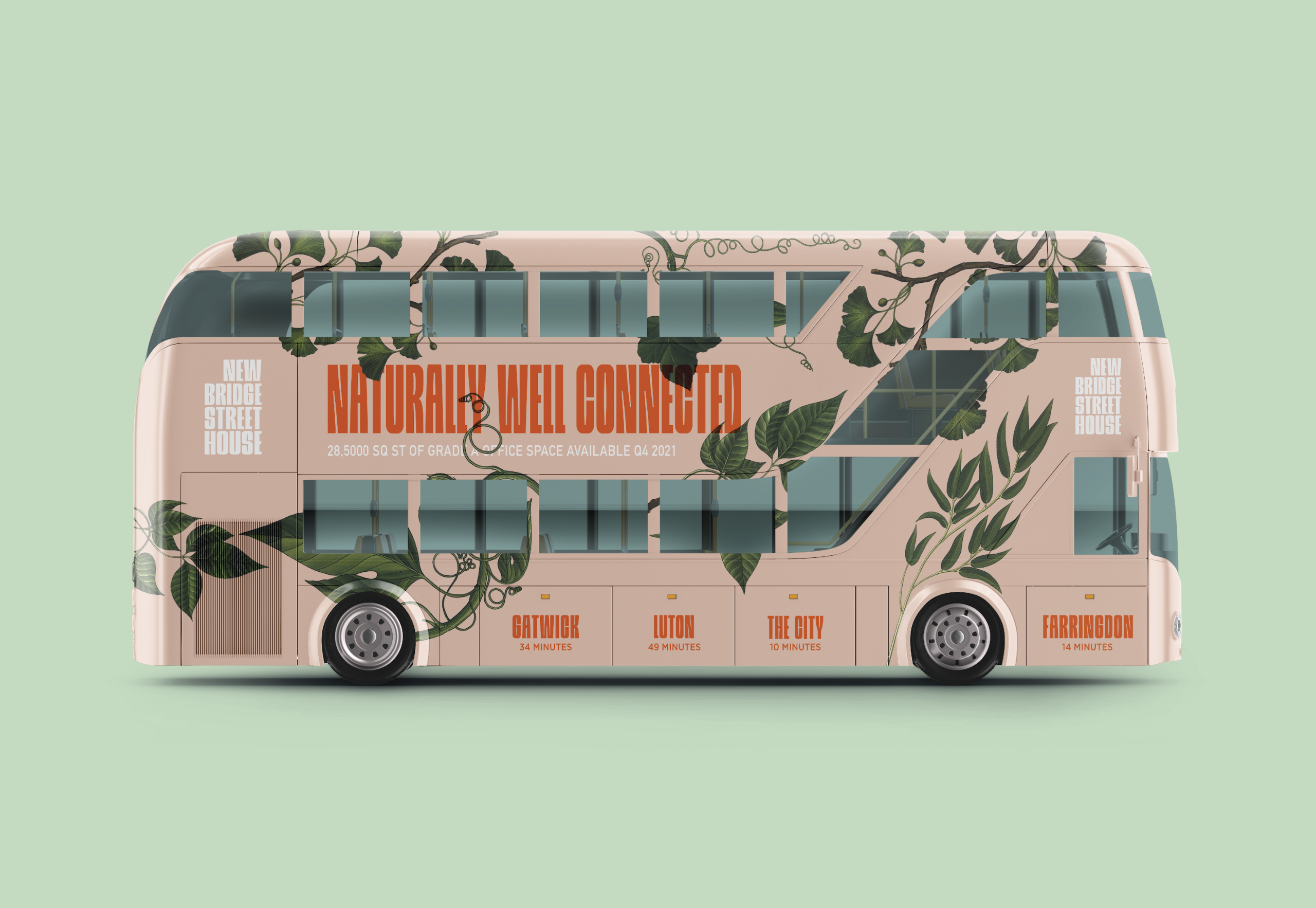 Wrap up of a bus with botanical illustrations and typographic layout titled “Naturally Well Connected.”
