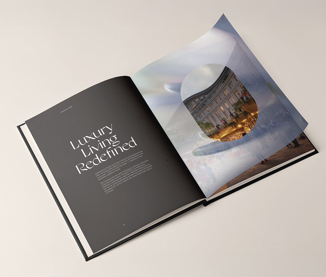 Open luxury brochure spread showing bold typography reading ‘Luxury Living Redefined