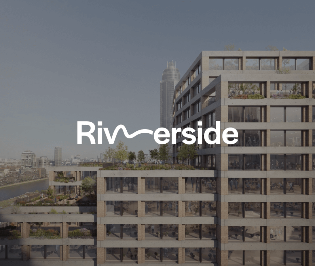 Riverside wordmark displayed over a render of a modern riverside office building in London.