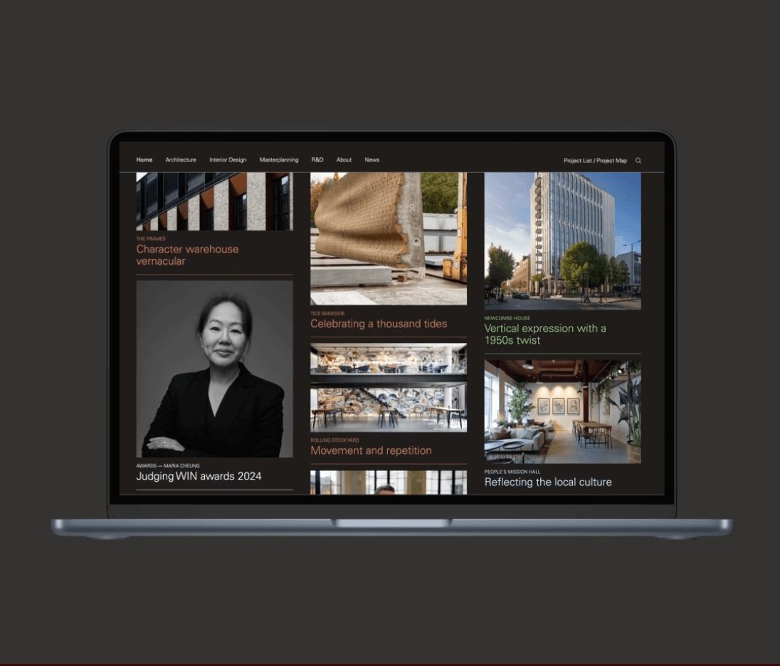 Laptop displaying the Squire & Partners website with a grid of architectural and interior design imagery.