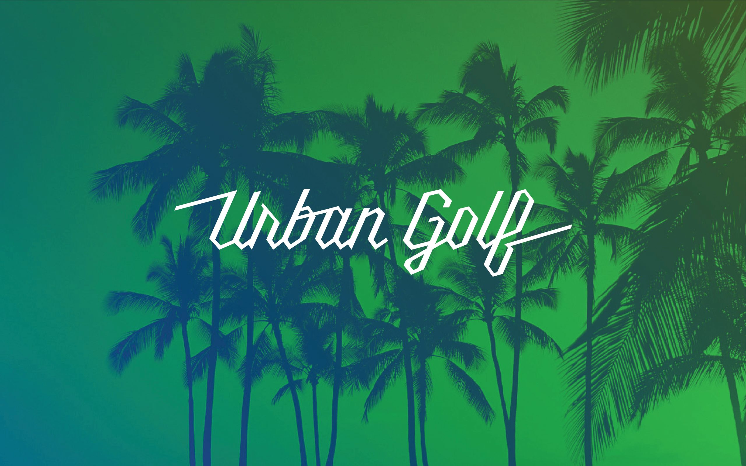 Vivid green and blue palm-tree backdrop with the Urban Golf logotype overlaid in white script